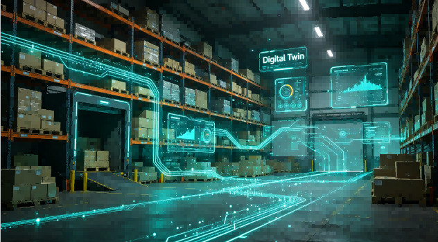 Building the Future: The Supply Chain Digital Twin. A digital twin visualization of warehouse inventory movement through integrated RFID tracking.