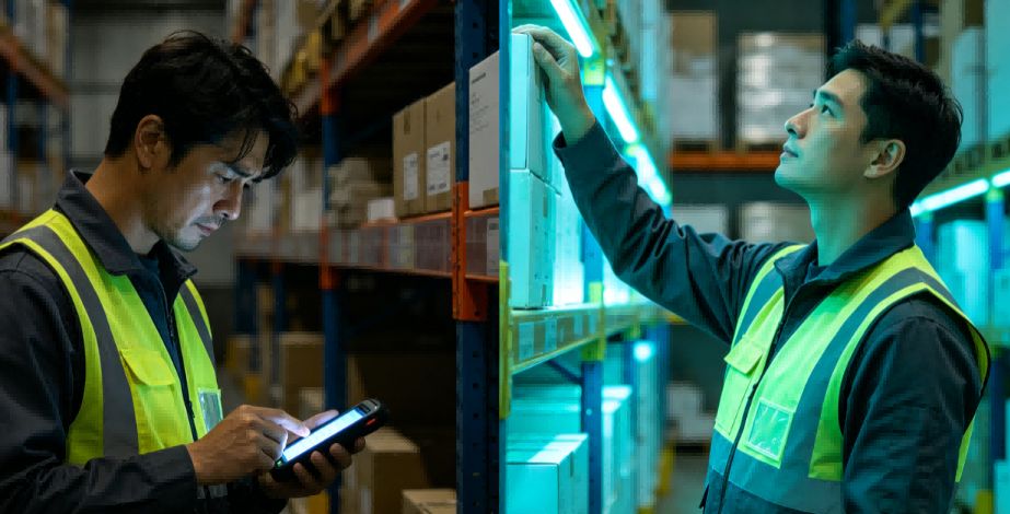 Ending the A comparison between traditional PDA barcode scanning causing eye strain and FYJ's visual-acoustic guided picking for better e-commerce picking efficiency.