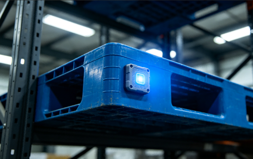 Smart Pallet Tracking with BLE LED Tag Industrial blue plastic pallet fitted with a rugged BLE active tag featuring LED flashing indicator in a warehouse rack