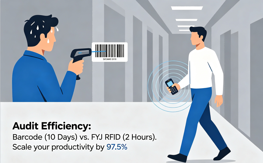 Infographic showing the time-saving benefits of RFID over barcodes for large-scale university campus audits. Audit Speed and ROI Comparison