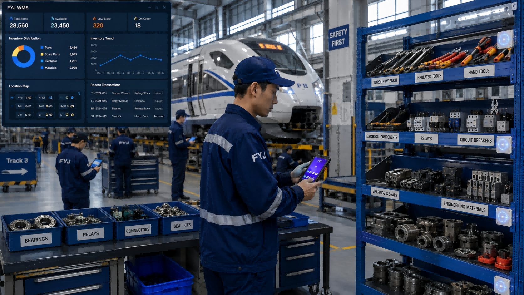 Digital Railway Maintenance Warehouse in Daily Operations Railway maintenance warehouse using FYJ warehouse management software for maintenance tools and spare parts management.