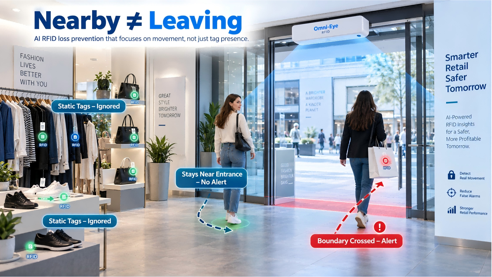 RFID Retail Entrance with Smarter Cross-Reading Control Retail entrance using FYJ AI RFID Gate to distinguish static merchandise from products crossing the exit boundary