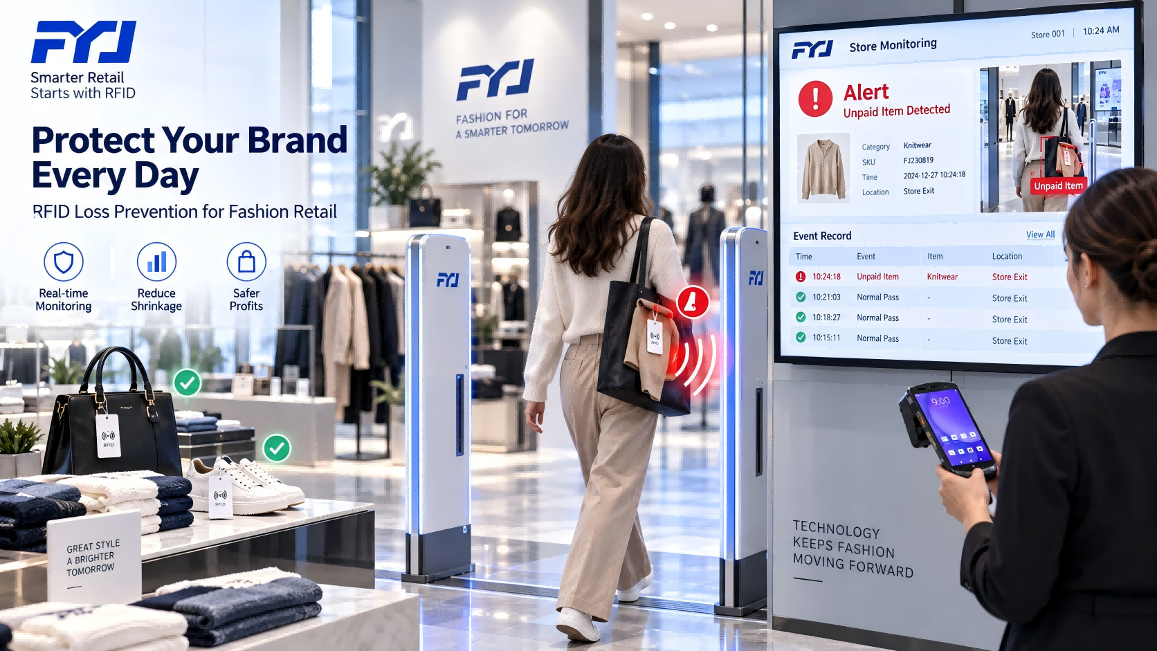 RFID Loss Prevention for Fashion Retail Prevention for Fashion RetailRFID access control system detecting an unpaid tagged item at a fashion store exit with real-time alert monitoring