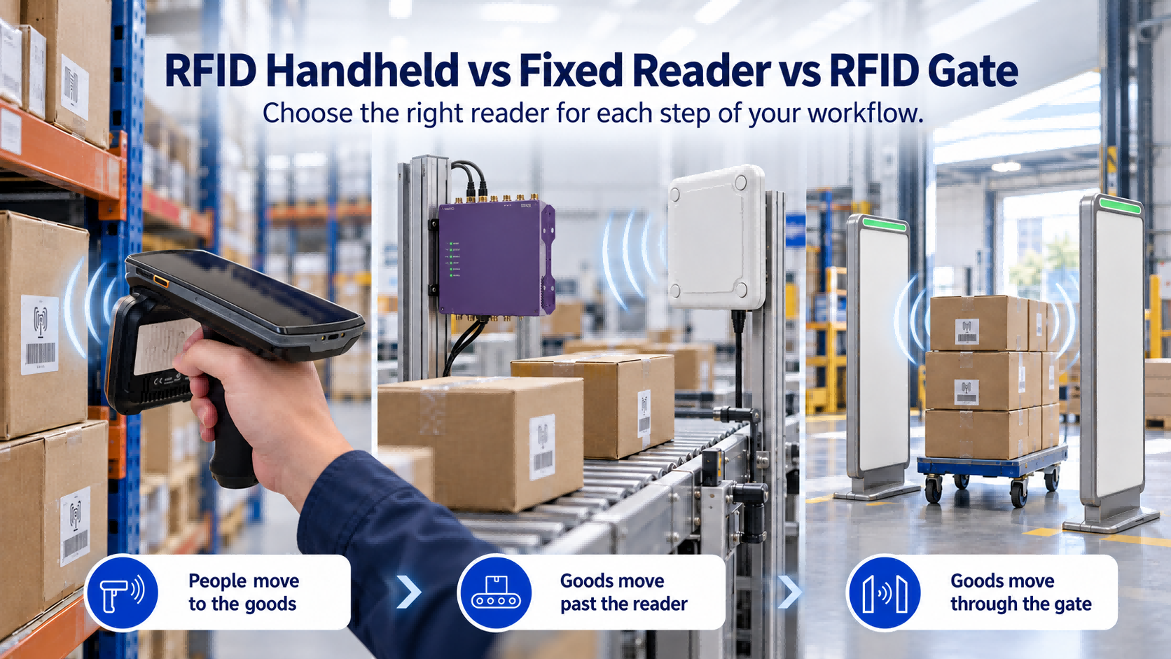 RFID handheld reader, fixed RFID reader and RFID gate used for warehouse inventory, automatic identification and entrance exit monitoring