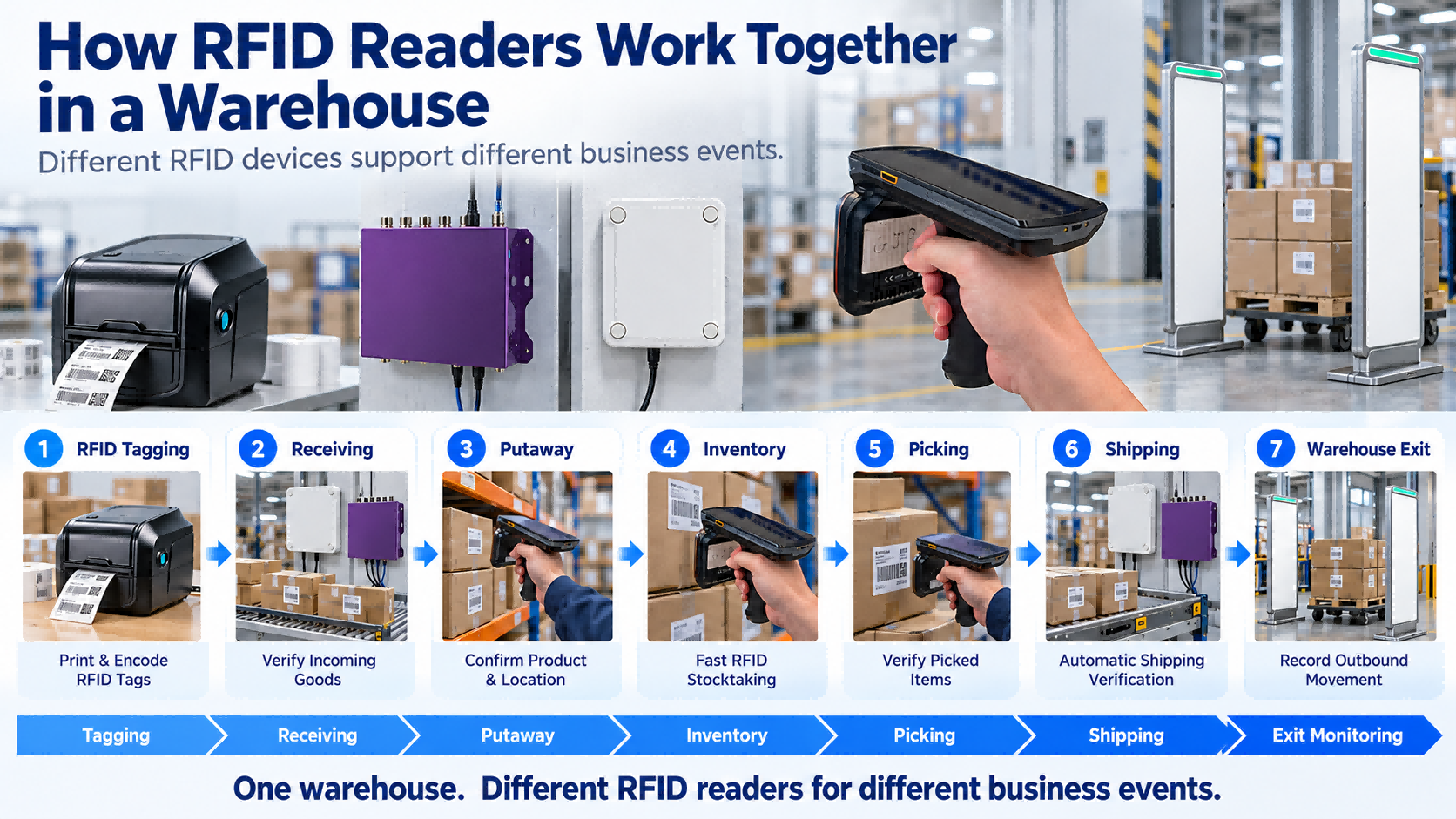RFID warehouse workflow using RFID printer, handheld reader, fixed reader and RFID gate from tagging to receiving, inventory, shipping and exit monitoring